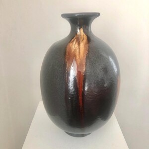 Vintage Extra Large Handmade Dark Brown Metallic Vase With Mustard Yellow Brush Stroke Design , Bulbous Rustic Studio Pottery