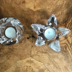 Pair Vintage Scandinavian Crystal Tea Light Candle Holders, Orrefors Star Votive Candle Holder, Royal Copenhagen Flower Candle Holder