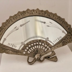 Art Deco Table Mirror Fan Mirror, Antique Etched Flowers Vanity Mirror, Collectible Dressing Table Mirror