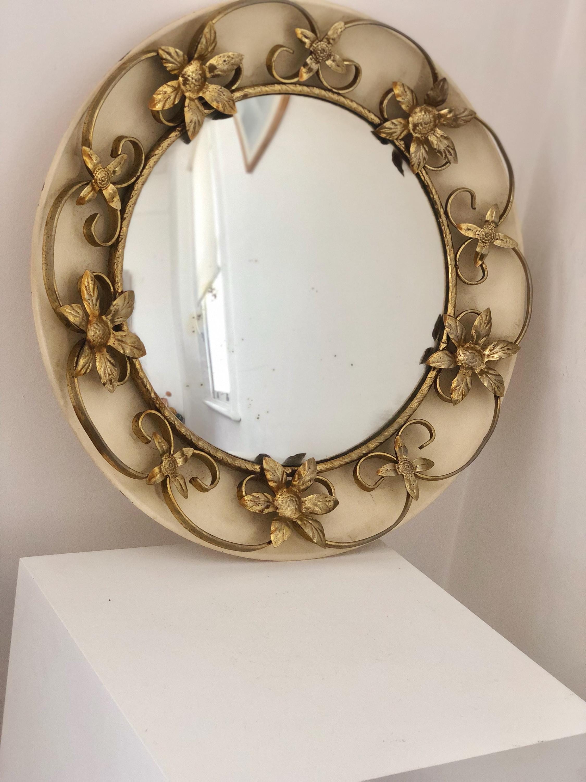 アンティーク　装飾的なゴールド壁掛け鏡 1960年代のヴィンテージ エナメル ゴールド フラワー ウォールミラー