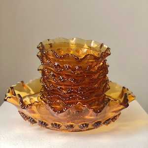 Vintage Art Deco Amber Glass Dessert Set: Serving Bowl & Dishes