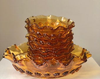 Vintage Art Deco Bernsteinglas Dessert Set: Servierschale & Geschirr