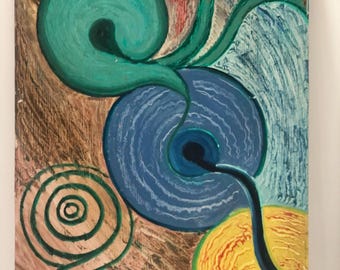 ヴィンテージ抽象画「青い流体渦巻き」アクリル画：現代壁アート