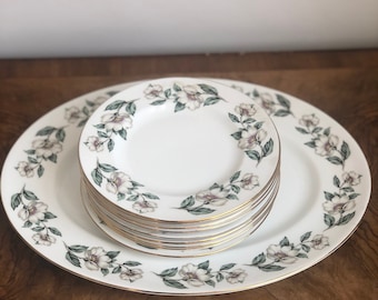 10-piece Vintage Green White Floral Serving Platter and Starter Plates, Elegant Crown Staffordshire Dessert Serving Dishes