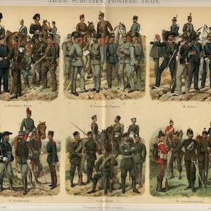Op de afbeelding: Een vintage prent die verschillende militaire uniformen uit verschillende landen afbeeldt, waaronder Duitsland, Oostenrijk-Hongarije, Italië, Frankrijk, Rusland en Groot-Brittannië. De illustraties tonen soldaten in gedetailleerde kleding, met paarden en wapens.