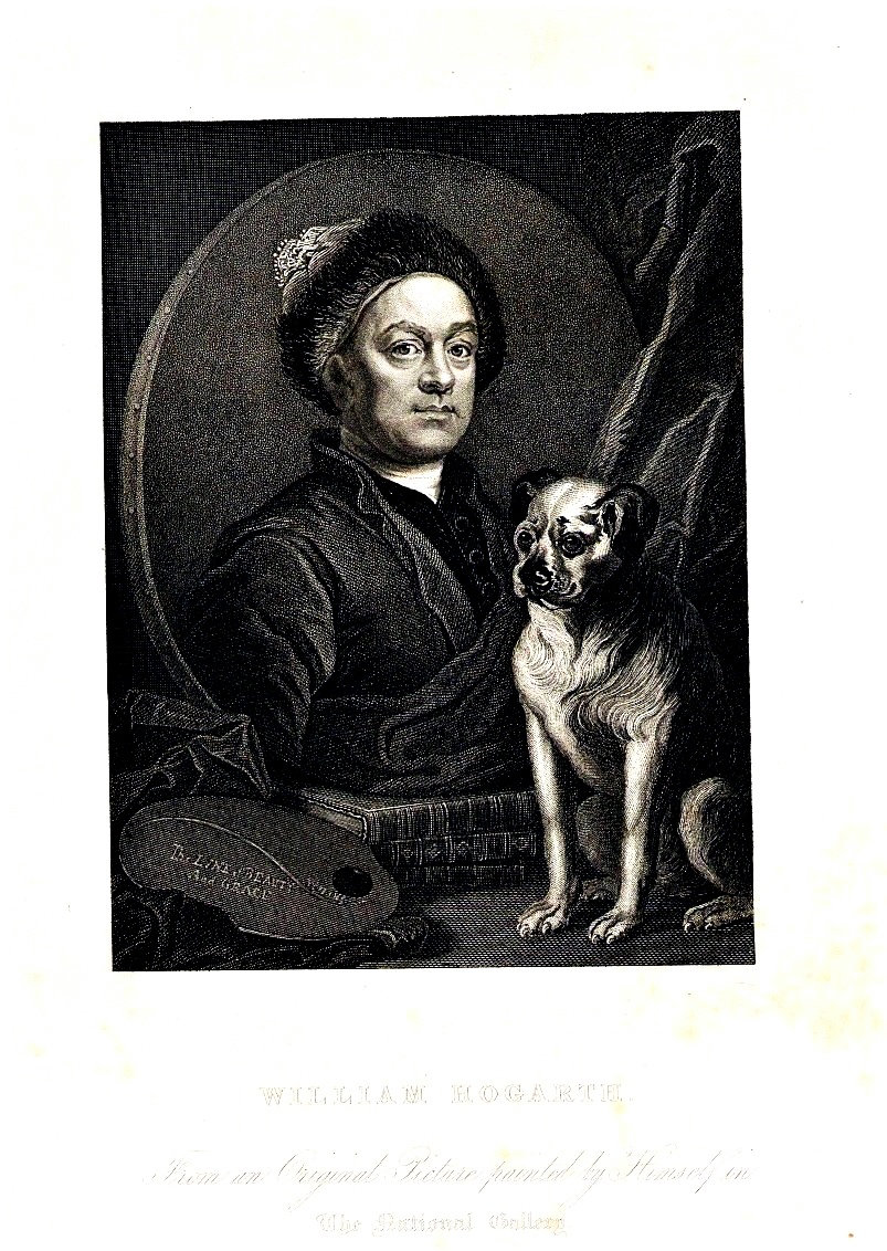 イギリスアンティークホガースの版画 1841年 アンティーク版画 = W.ホガース = 犬との自画像 = LONDON 彫刻