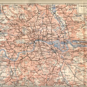 1898 antieke kaart = GROOT LONDEN Engeland = Topografische kaart = oude kaart