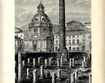 Può includere: Un'incisione in bianco e nero che raffigura la Colonna Traiana accanto a una basilica con cupola. Il primo piano presenta numerose colonne di pietra spezzate sparse su una piazza, con il testo COLONNE TRAJANE ET BASILIQUE ULPIENNE stampato in basso.