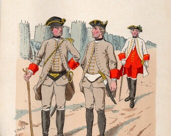 1890 Antique Print = AUSTRIA-HUNGARY TROOPS of 1762 = Military Uniforms = Original Chromolithography