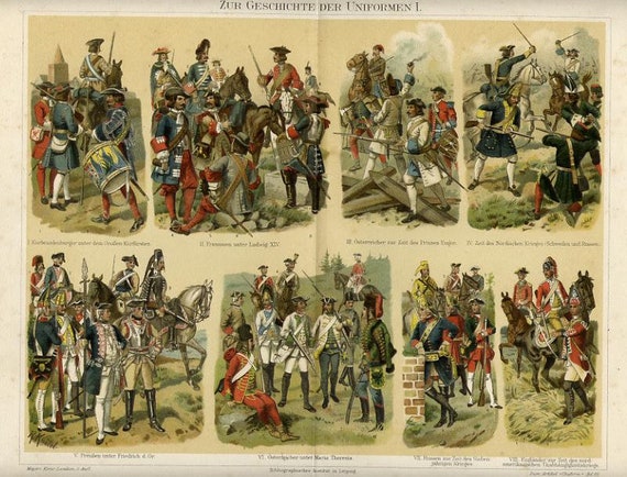 1897 Grabado antiguo UNIFORMES HISTÓRICOS Prusia Austria Maria