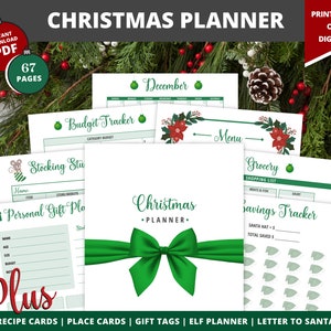 Christmas Planner designed in Green for the Holidays with many printables including Place Cards, Gifts Tags and Shopping Gift List!