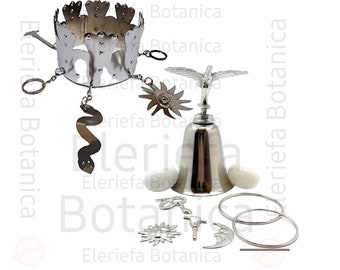 Herramientas Tools de Obatala con Campana Bell y 2 Huevos de marmol Eggs marble, orísha obatala, corona de obatala con sus herramientas