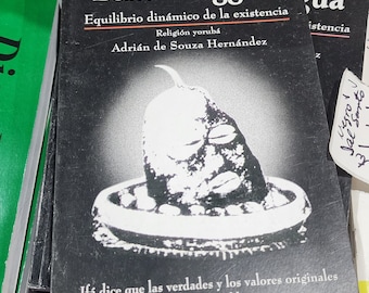Op de afbeelding: Een zwart boek getiteld "Echu-Elegguá: Equilibrio dinámico de la existencia" door Adrián de Souza Hernández. De omslag van het boek toont een zwart-witte illustratie van een religieuze figuur met de tekst "Ifá dice que las verdades y los valores originales son inmutables."