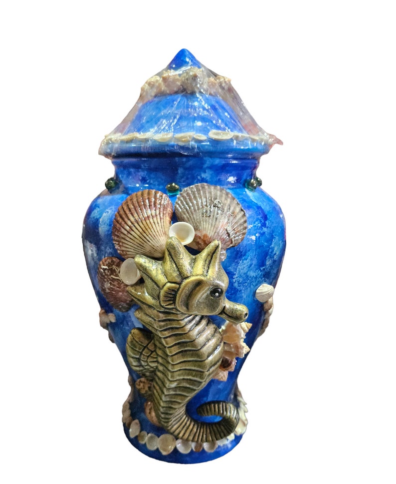 Olokun Porcelain Ginger Jar 17" - Blue & White Fish Design Sopera For Santería Altar, Yoruba Orisha Decor, Decorative Ceramic Vase