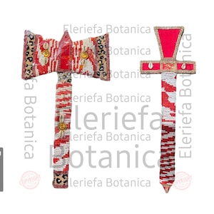 May include: Two beaded ceremonial objects, one a hammer with a red and white beaded head and a red and white beaded handle, the other a cross with a red beaded head and a red and white beaded shaft. Both objects have gold accents.