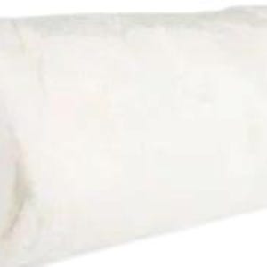 May include: A white, fluffy, cylindrical pillow or bolster. It is soft and appears to be made of a plush material.