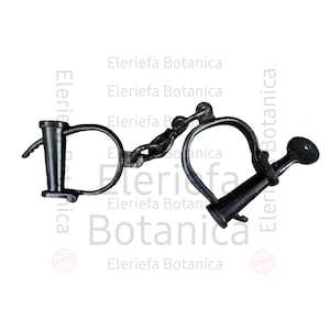 May include: A pair of antique metal handcuffs with a key attached to one side. The handcuffs are connected by a chain.