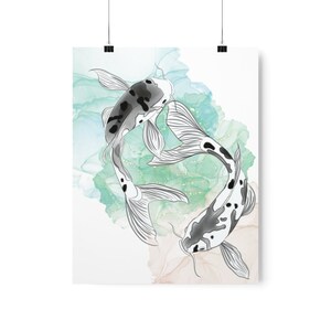 Watercolor Koi Fish Aesthetic Blue Yellow Premium Matte Vertical Posters