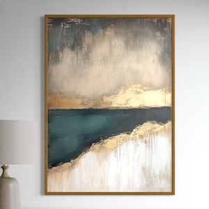 Gold and Teal Abstract Painting on Canvas Modern Wall Art, Hand-Painted Acrylic Artwork for Living Room or Office