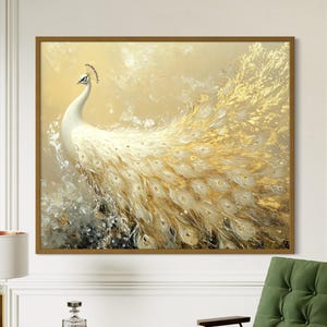 Large Golden Peacock Textured Canvas Art Handmade Painting with Pearl and Gold Accents, Elegant Wall Decor, Original Artwork