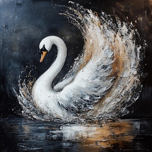 Grace in Motion Original Oil Painting on Canvas, Textured Swan Artwork, Palette Knife Painting