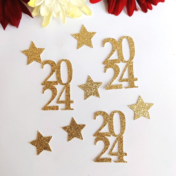 2024 und Sterne Gold Glitzer Konfetti | Scrapbooking Zubehör | Silvester Party Tisch Scatter Konfetti | Neujahrsfeier Tischdekoration |