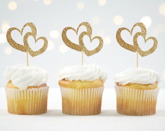 Double Heart Cupcake Topper | Gold Glitter Cake Topper | Wedding Cake Topper | Couple Cake Topper | Engagement Cupcake Pick | Gold Hearts |