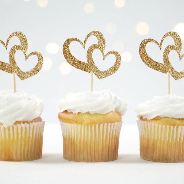 Double Heart Cupcake Topper | Gold Glitter Cake Topper | Wedding Cake Topper | Couple Cake Topper | Engagement Cupcake Pick | Gold Hearts |