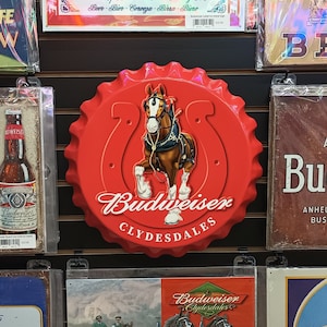 Budweiser Clydesdales Bottle Cap Sign 18" Vintage Beer Ads Home Bar Wall Decor Man Cave Anheuser Busch Signs Horse Gifts for Beer Drinkers