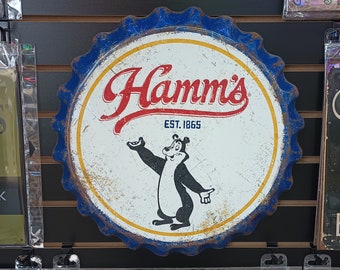 18" Hamm's Beer Bottle Cap Sign Sascha Hamm's Bear Logo Home Bar Decor Beer Advertising Signs Pub Wall Decor Coors Molson Vintage Kitchen