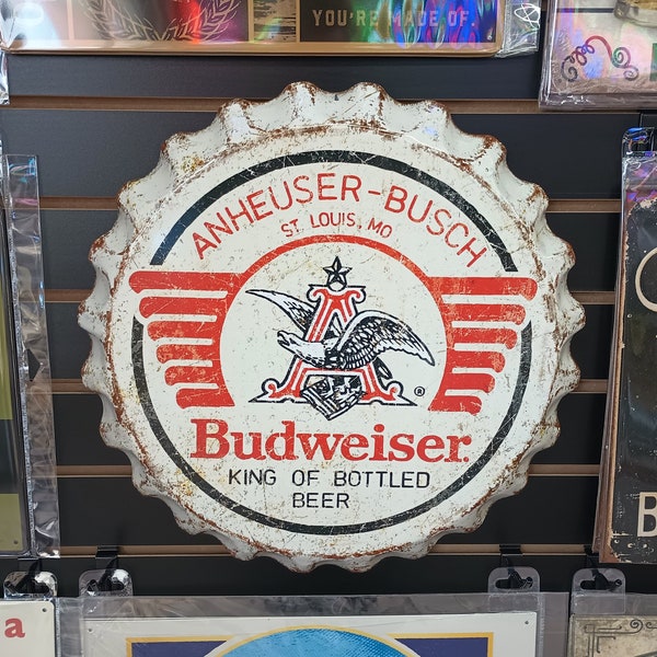 18" Budweiser Beer Bottle Cap Sign Anheuser Busch Beer Advertising Signs Home Bar Decor Budweiser Drinker Gifts Metal Beer Signs Beer Gifts