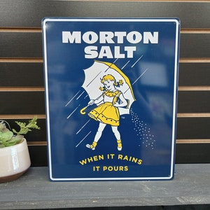 Morton Salt Girl with Umbrella Advertising Sign Metal Kitchen Wall Decor Vintage Food Ads Vintage Looking Kitchen Decor Blue Wall Decor