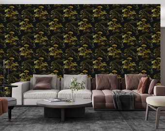 Indian Structure Wallpaper / Tiger Wallpaper / Dark Plants Wallpaper / India Wallpaper / Prepasted Peel & Stick Wallpaper / Removable
