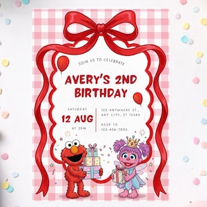 Sesame Street Birthday Invite, Elmo and Abby Cadabby Birthday Invitation Template, Editable Pink Gingham Birthday Invite