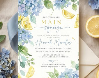 Paquete de despedida de soltera "She Found Her Main Squeeze", plantilla de invitación Blue Citrus, conjunto Mediterranean Lemon, descarga digital editable en Canva.