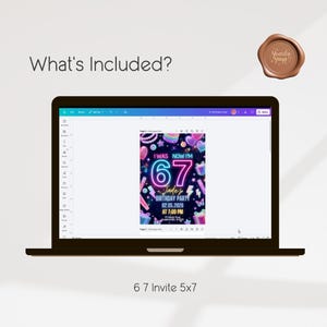 May include: A laptop screen displaying a digital birthday invitation template with a dark background, neon-style graphics, and the text I WAS NOW I'M 67, Jade's BIRTHDAY PARTY, 02.05.2026, AT 7:00 PM. The design includes colorful icons like gifts and stars.