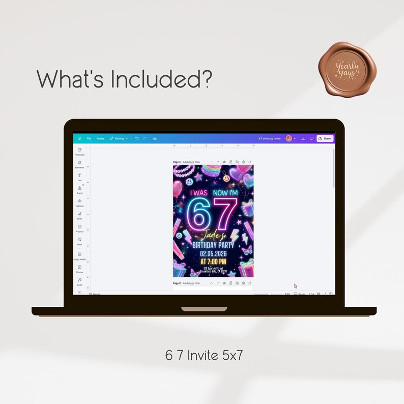 May include: A laptop screen displaying a digital birthday invitation template with a dark background, neon-style graphics, and the text I WAS NOW I'M 67, Jade's BIRTHDAY PARTY, 02.05.2026, AT 7:00 PM. The design includes colorful icons like gifts and stars.