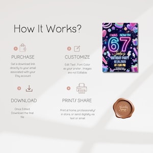 May include: An instructional graphic titled How It Works with four steps: Purchase, Customize, Download, and Print/Share. It features a neon-themed birthday invitation for a 67th birthday party and a brown wax seal with the text Yearly Yays.