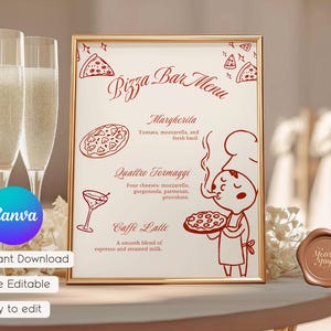 May include: A gold-framed "Pizza Bar Menu" sign with red illustrations and text, including pizza slices, a chef, and menu items like Margherita and Caffe Latte. Two champagne flutes and a "Yearly Yays" seal are in the foreground.