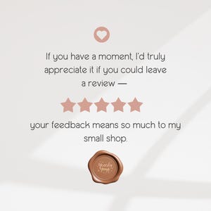 May include: A light-colored card featuring a pink heart icon, five pink stars, and the text: If you have a moment, I'd truly appreciate it if you could leave a review &mdash; your feedback means so much to my small shop. A brown wax seal with the text Yearly Yays is at the bottom.