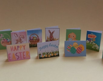 12th-scale miniature 12 x cute Easter Cards for dolls houses, crafts or mini-scenes.