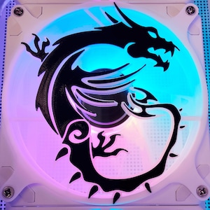 Logo MSi Dragon - 120 mm, 140 mm - Cache du ventilateur/Cache/Grille - Impression 3D personnalisée - Accessoire pour PC de jeu - Configuration pour le joueur - Bicolore