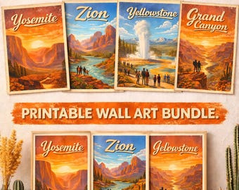 Conjunto de pôsteres imprimíveis de parques nacionais | Yosemite, Zion, Yellowstone, Grand Canyon | Pacote de arte de parede retrô para viagens | Decoração vintage de meados do século