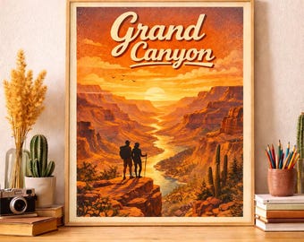 Pôster do Grand Canyon para Imprimir | Arte de Parede no Cânion ao Pôr do Sol | Impressão de Viagem Retrô | Paisagem Vintage de Meados do Século | Decoração Desértica