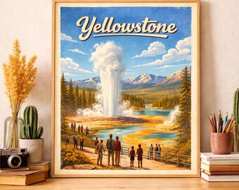 Pôster do Parque Nacional de Yellowstone para imprimir | Arte de parede retrô para viagens | Paisagem vintage de meados do século | Arte do Old Faithful | Download instantâneo