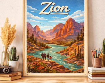 Pôster do Parque Nacional de Zion para imprimir | Arte de parede retrô para viagens | Paisagem vintage de meados do século | Decoração de montanha no deserto | Download instantâneo
