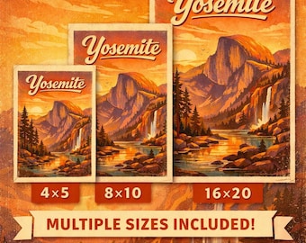 Pôster vintage de Yosemite para imprimir | Arte de parede | Impressão retrô de viagem a parques nacionais | Paisagem moderna de meados do século | Download instantâneo