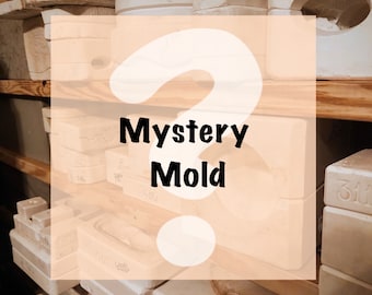 May include: A shelf filled with various white plaster molds. A question mark with the text "Mystery Mold" is superimposed over the image.