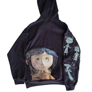 Coraline Tapestry Hoodie Handmade, cute hoodies, hoodie for her, handmade gift, Horror hoodie