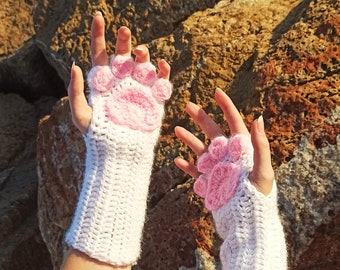 Handmade crochet cat paws mittens, cat fingerless gloves, gift for girl, gift for the new year